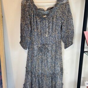 Anthropologie Blue and Tan Floral Long Sleeve Dress